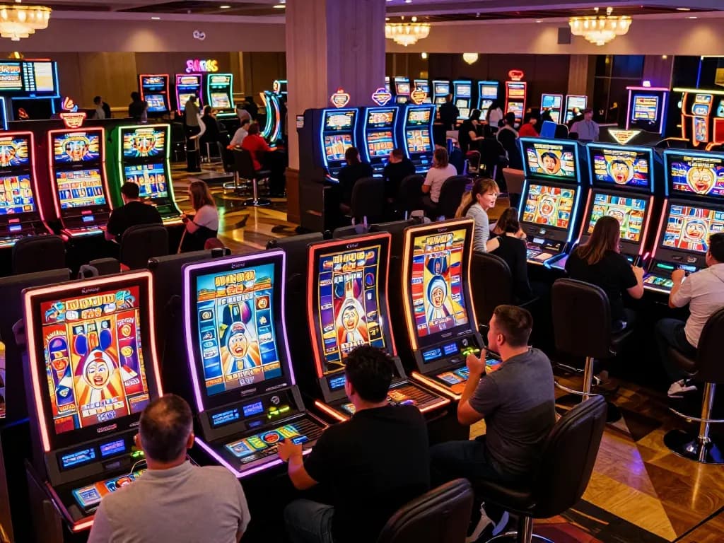 FC88 players celebrating wins at dynamic slot machines in a vibrant casino atmosphere