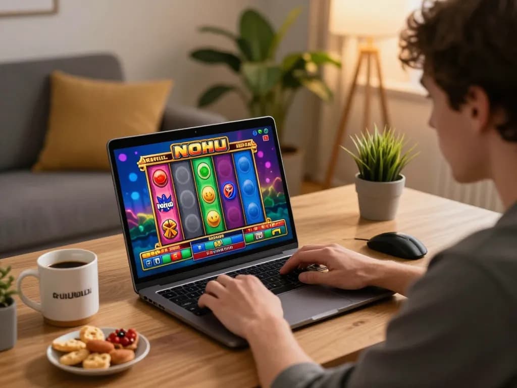 Engaging in nohu gameplay on a laptop while enjoying snacks in a cozy home gaming environment.