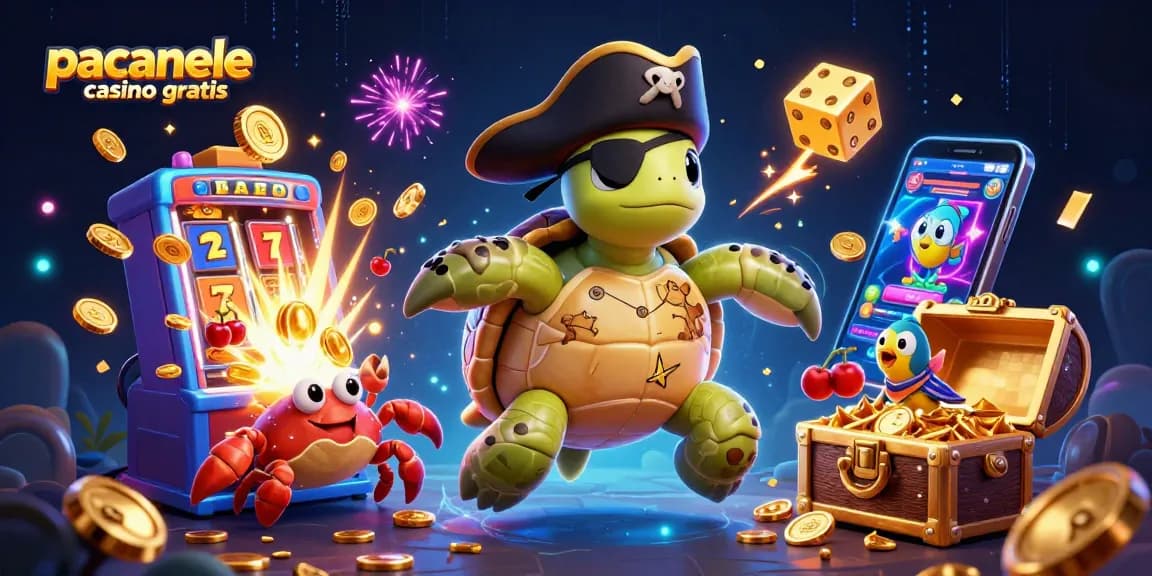 Păcănele casino gratis într-o ilustrație 3D captivantă cu o broască țestoasă pirat și un crab, explozie de jackpot și simboluri din jocuri.