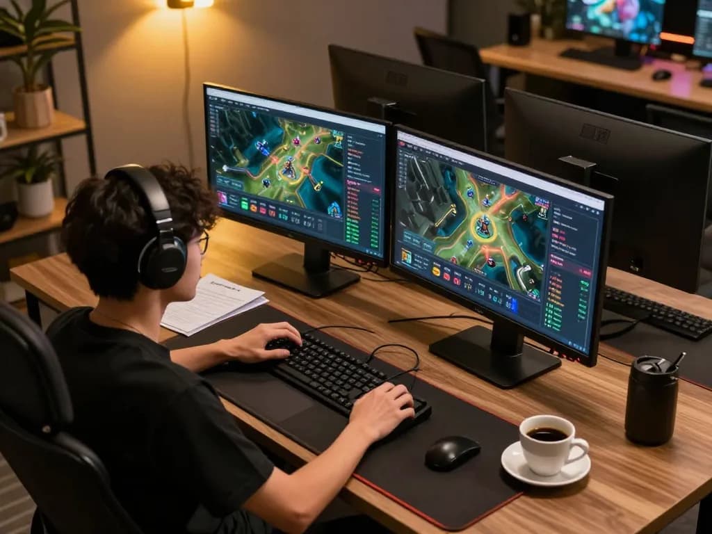 Engaged player exploring kèo nhà cái options on multiple screens in a professional online gaming setup.