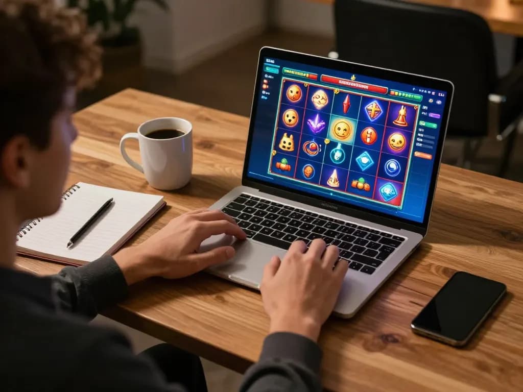 Engage in kdslot77 online gaming with vibrant slot visuals on a laptop, surrounded by personal strategy notes.