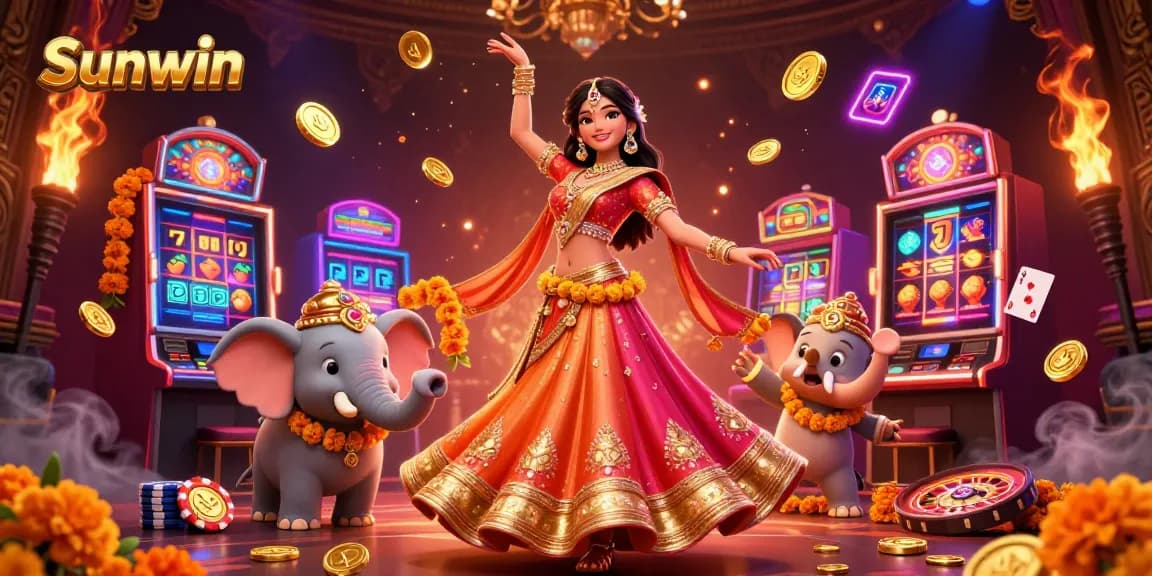 Spin the reels at Sunwin with vibrant online casino games featuring a dynamic Bollywood-inspired scene.