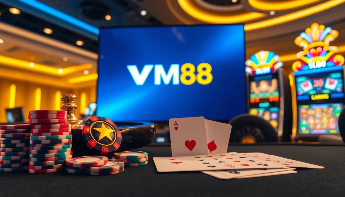 Engaging VM88 casino scene showcasing spinning roulette, poker chips stacking, and vivid slot machines