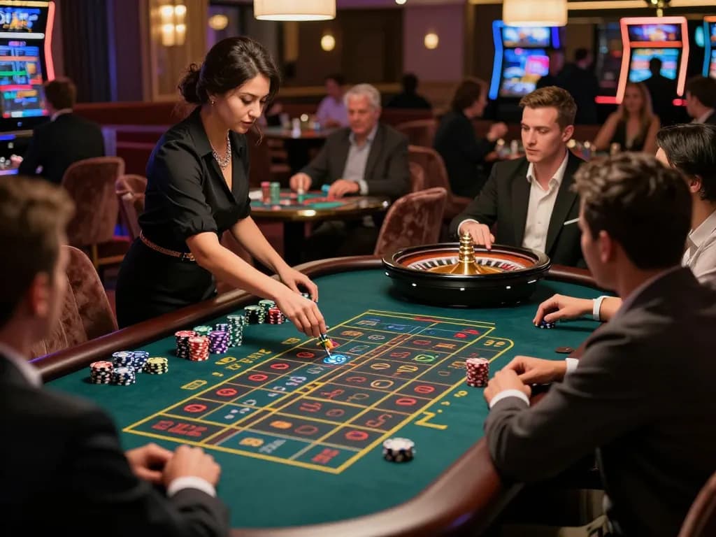 gattovolpelago players placing bets at an elegant roulette table in a vibrant casino.