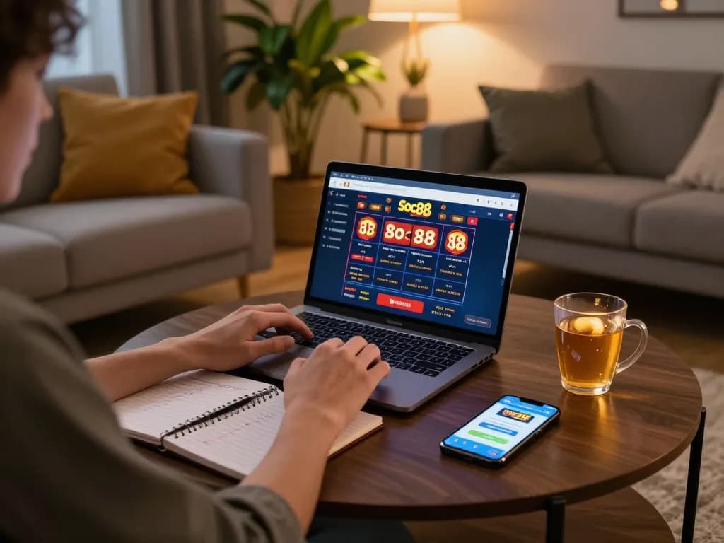 Engaging with soc88 online casino, a player strategizes from a cozy home setup with laptop and betting notes.