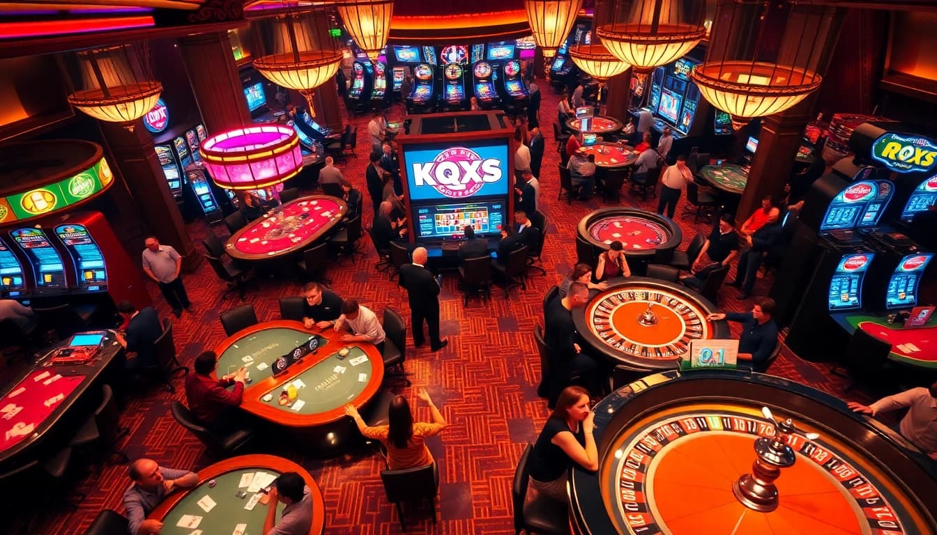 Kqxs lottery display in a luxurious casino atmosphere with vibrant gambling tables and players.