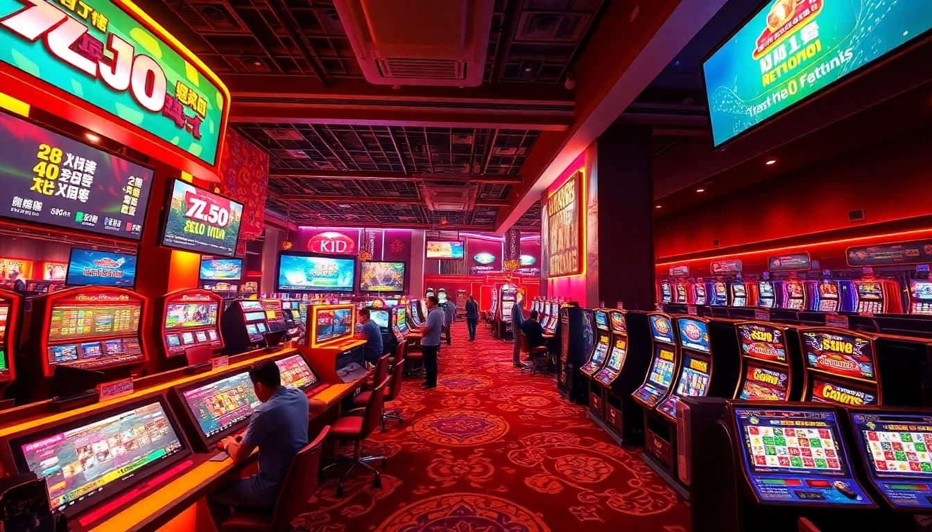 KJC vibrant online gaming scene showcasing live casinos, slot machines, and sports betting.