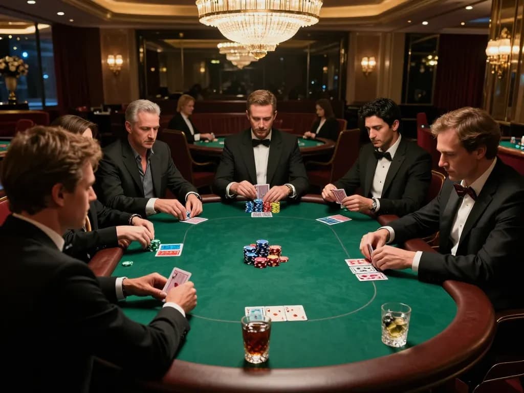 Engaged players strategizing over a high-stakes poker game at LGOSUPER's luxurious VIP table.
