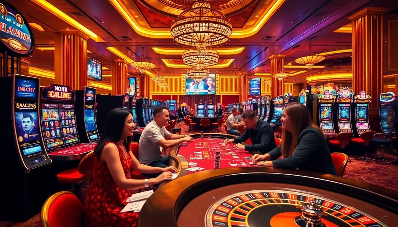 Exciting casino atmosphere at NOHU with players engaging at slot machines and tables.