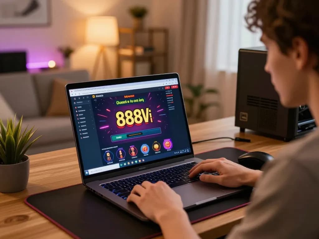 Engaging gaming scene at home with 888vi online casino interface on laptop