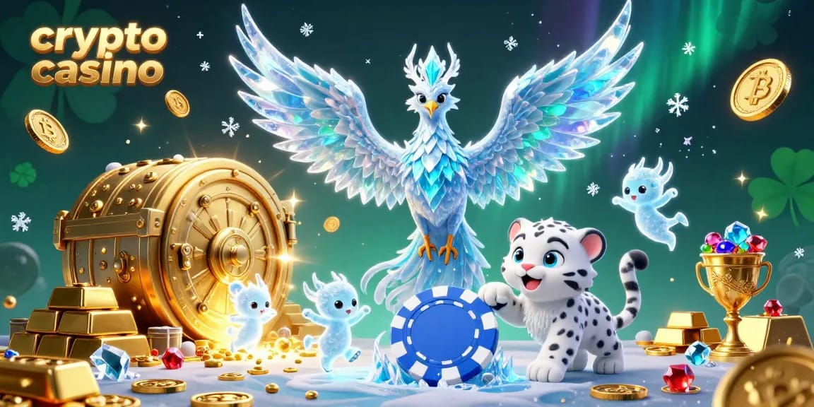 Experience the excitement of the crypto casino with characters symbolizing fortune amidst vibrant treasures.