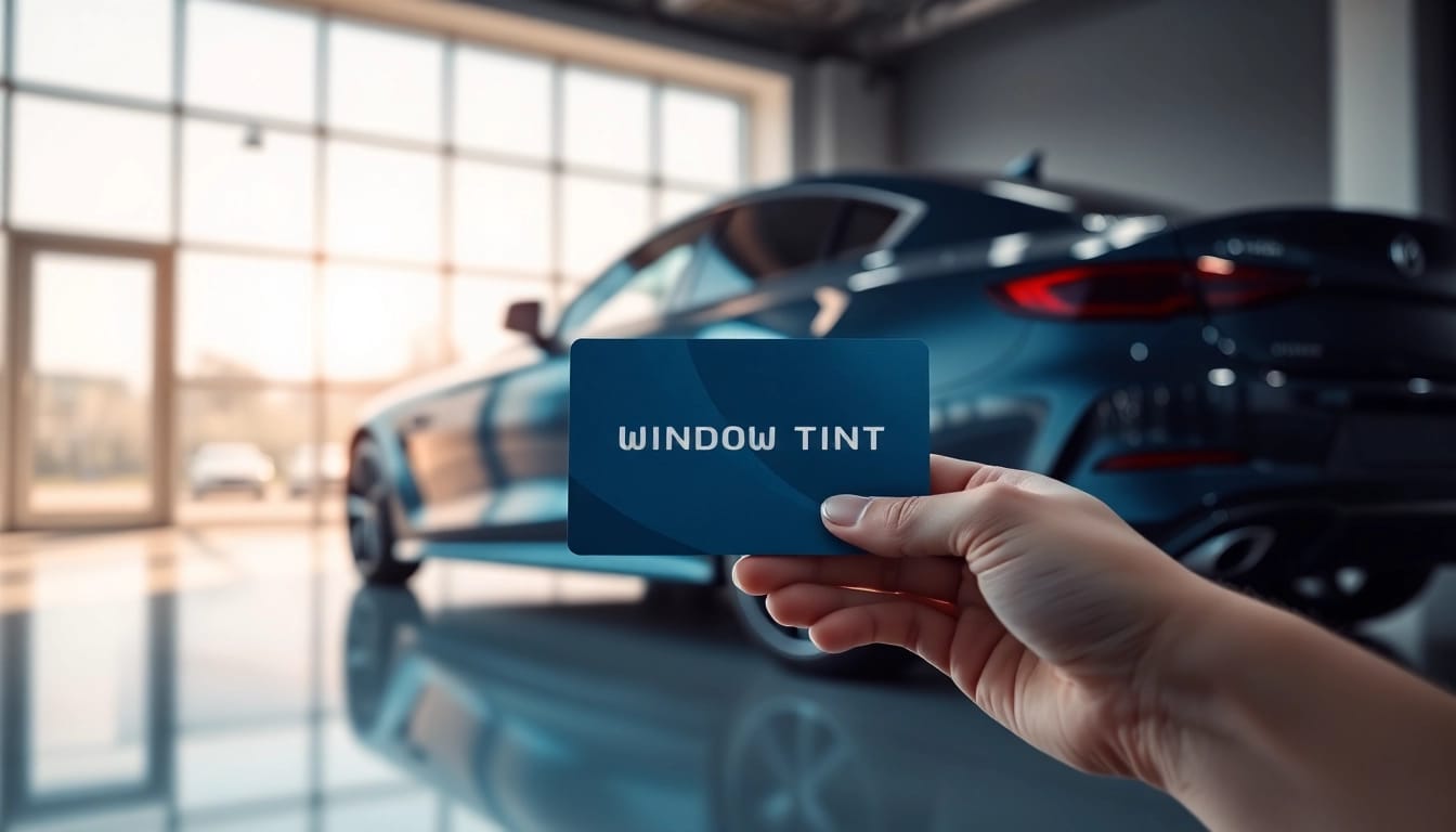 Presenting a luxurious window tint gift card against a stylish garage backdrop, radiating sophistication.