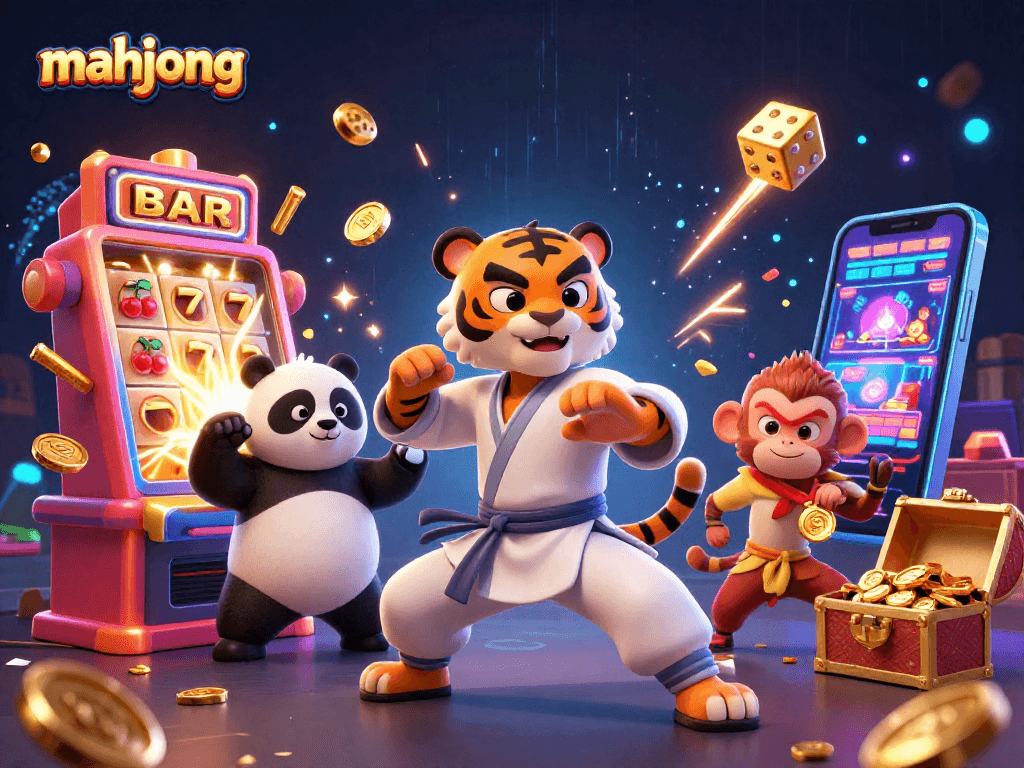 Engage with Mahjong games as a tiger master teaches a panda, all celebrating a jackpot!