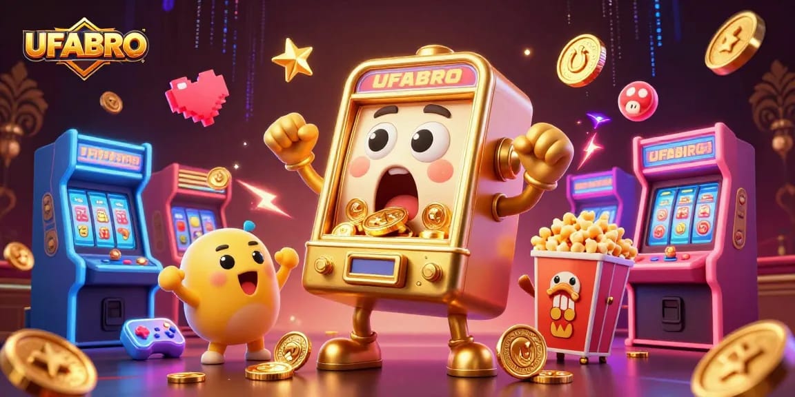UFABRO's vibrant slot machine celebrating its jackpot with coins pouring, delivering an engaging casino scene.