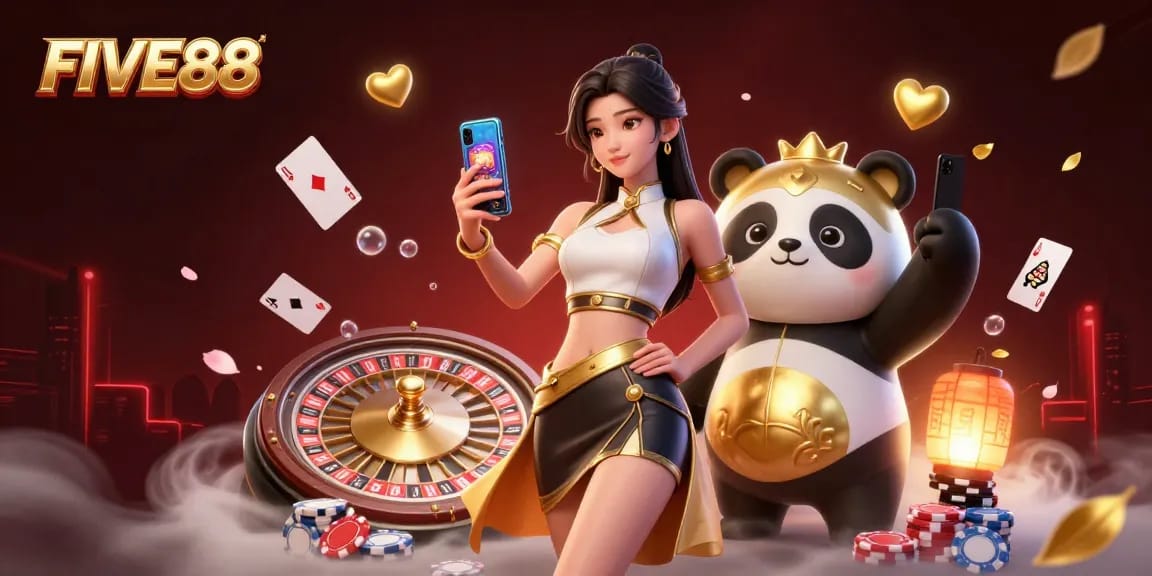 Engaging FIVE88 illustration showcasing an Asian woman and panda mascot celebrating casino gaming with vibrant visuals