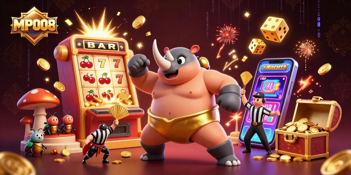 MPO08 gives an exhilarating casino experience with a vibrant beetle championship scene filled with gold coins and jackpot excitement.