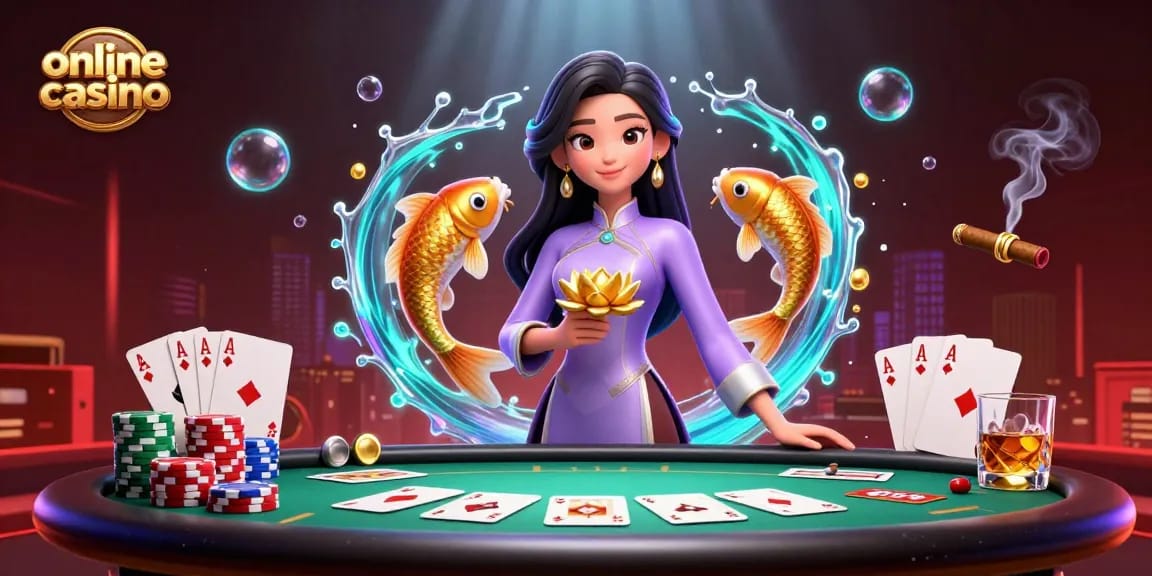 Experience vibrant gaming with an elegant Asian woman at an online casino, surrounded by poker elements.