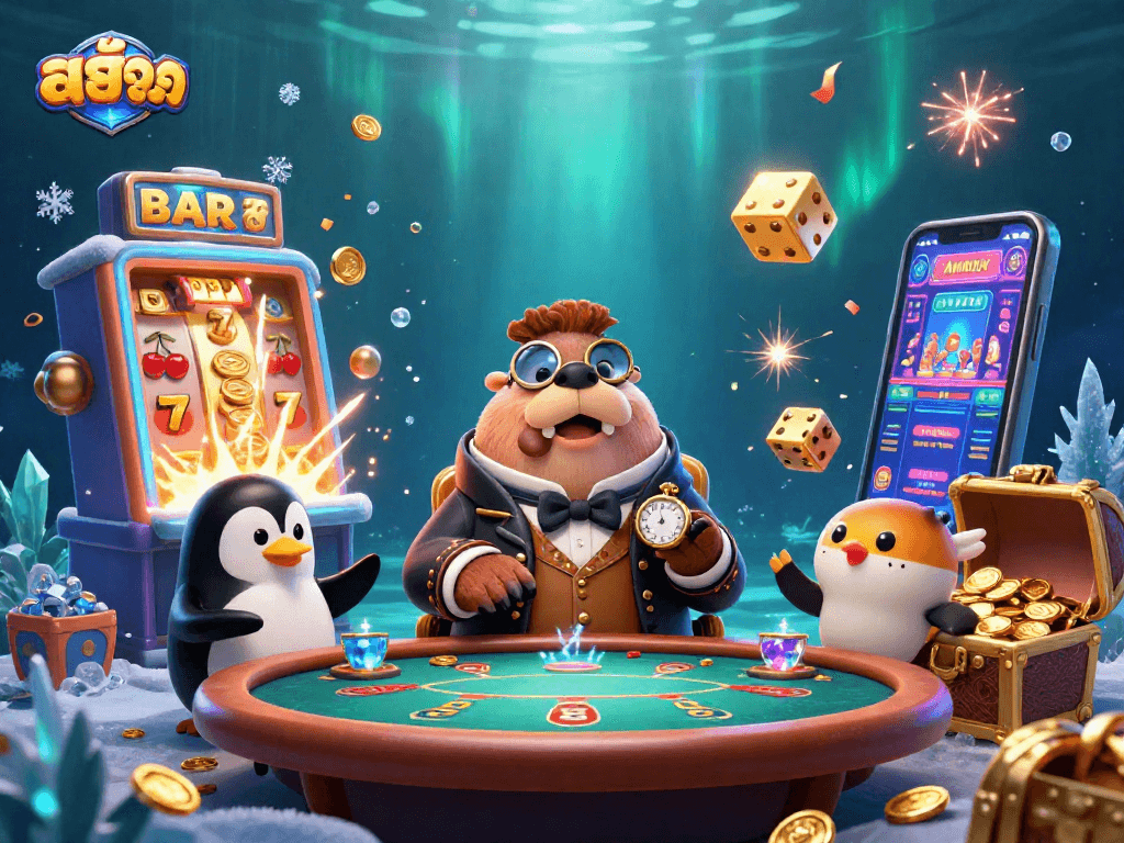 Experience thrilling สล็อต action with a jolly walrus playing poker and jackpot explosions at an underwater casino.