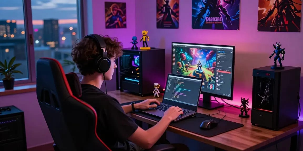 User engaged in mind control porn games at a stylish workspace, illuminated by vibrant RGB lights and gaming merchandise.