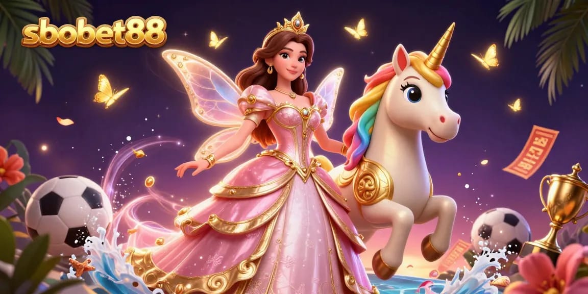 Bet on sbobet88 with vibrant sports elements and a magical aesthetic in a dynamic scene.