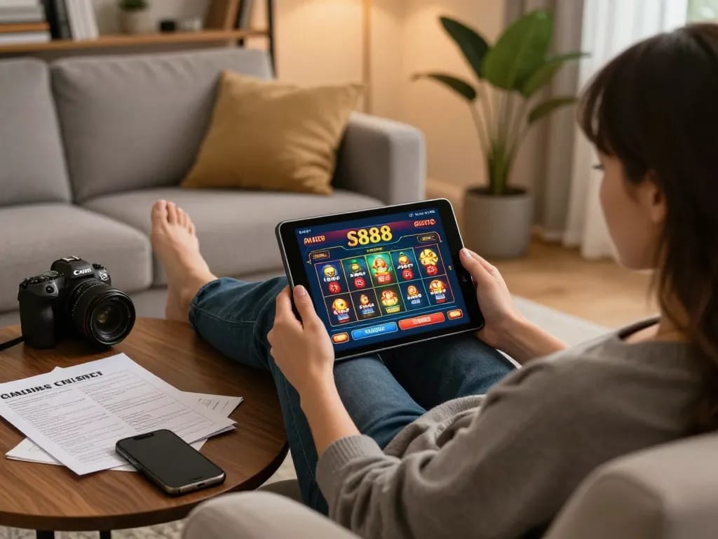 S888 online casino gaming on a tablet in a cozy home setting, showcasing responsible entertainment.