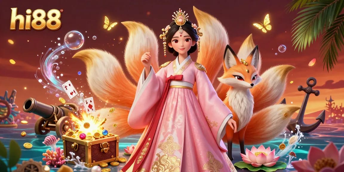 Experience the excitement of hi88 with this vibrant casino-themed illustration featuring treasures and gaming elements.