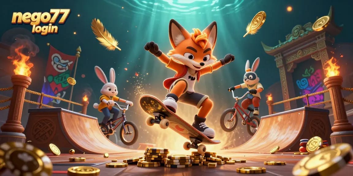 Join the action with nego77 login as our skateboard fox and BMX rabbit thrive in a dynamic casino scene.