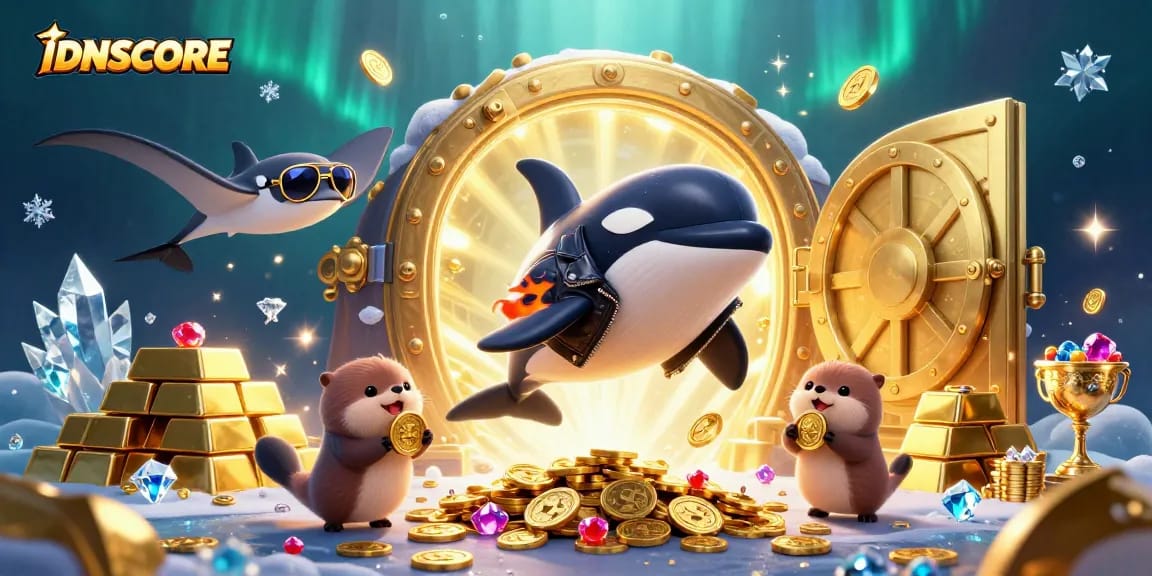 Experience the thrilling gameplay of IDNSCORE through a dynamic scene of joyful sea creatures amidst treasure and excitement.