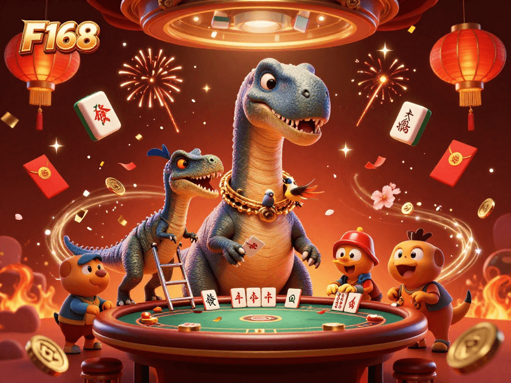 Experience F168's vibrant casino scene with a brontosaurus and raptor dealing cards.