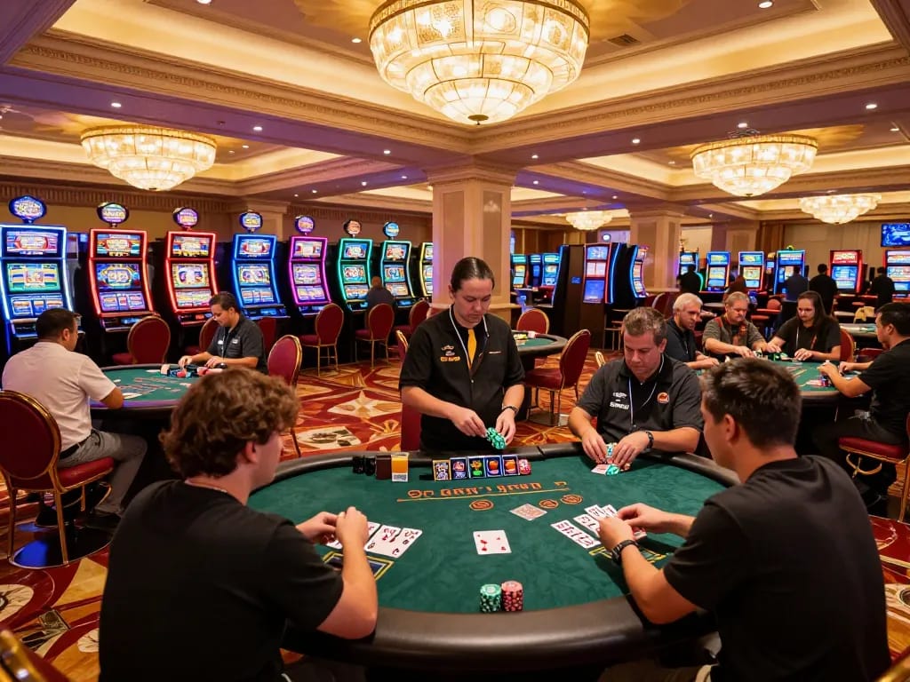 Players strategizing their moves at Sunwin blackjack tables in a luxurious Las Vegas casino.