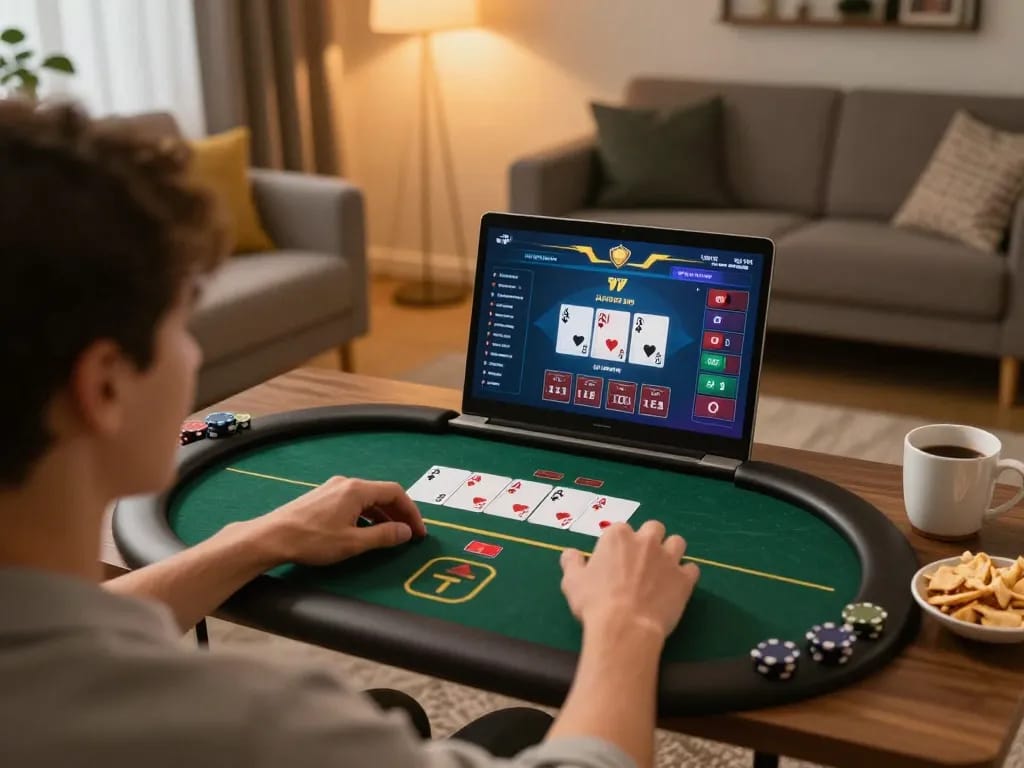 Engaging in strategic online poker on a laptop at home, enhancing kp88 gaming experience.