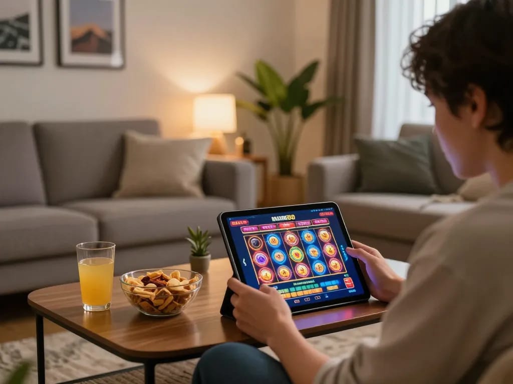 Engaging online gaming scene with mantra88 interface on tablet, showcasing relaxed home environment.