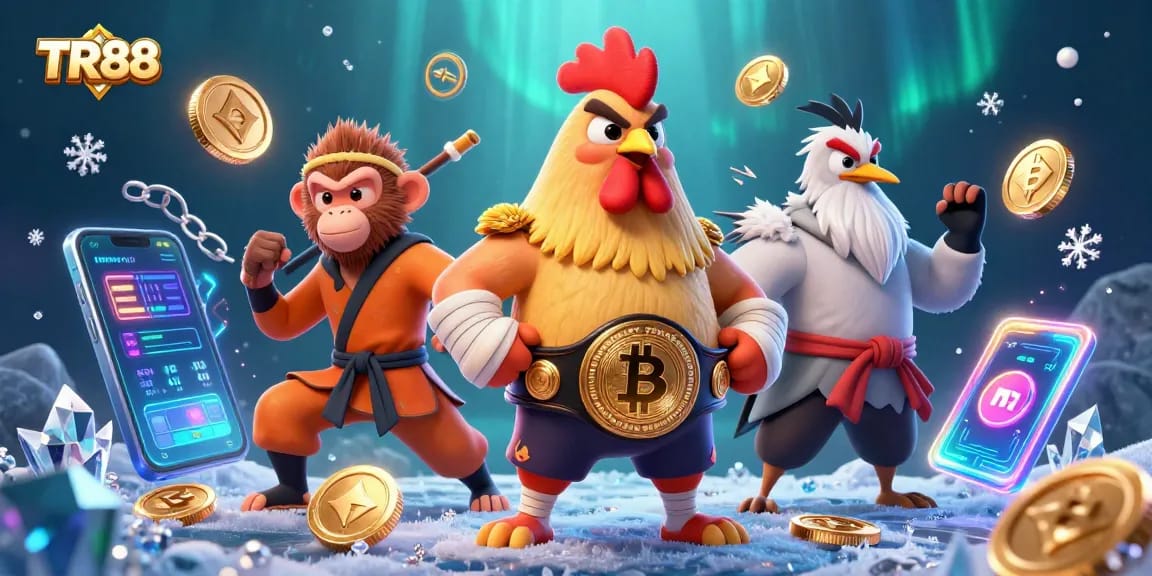 TR88 showcases a vibrant scene with a Muay Thai rooster and martial artists celebrating online gambling.