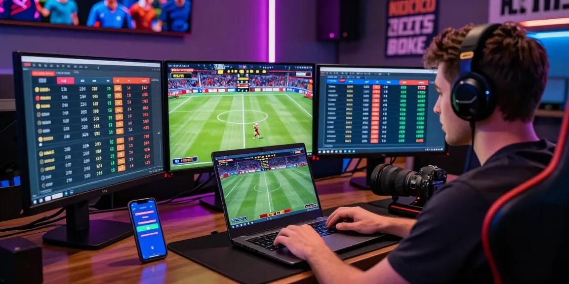 LUCK8 user experiencing live sports betting on multiple screens, showcasing an engaging online betting environment.