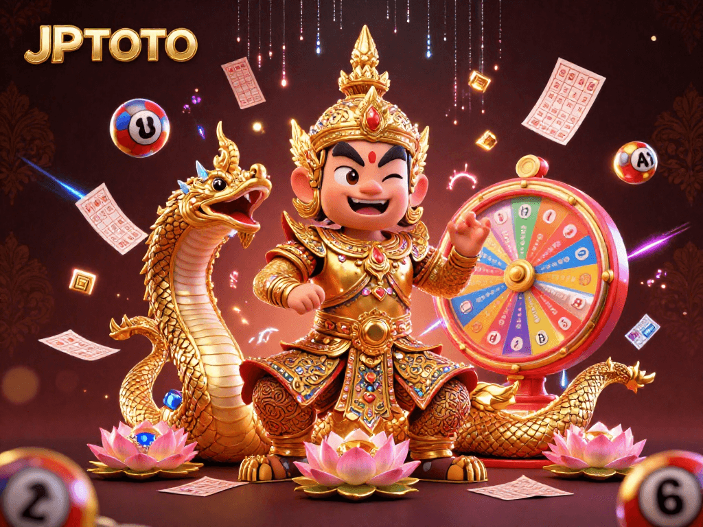 Engage with JPTOTO, featuring a dynamic lottery scene with characters and vibrant game elements.