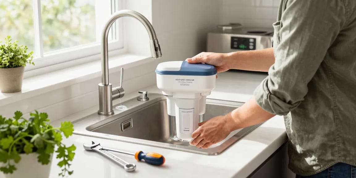AQUA CREST GXRLQR NSF/ANSI 401 Certified water filter installation in a modern kitchen.