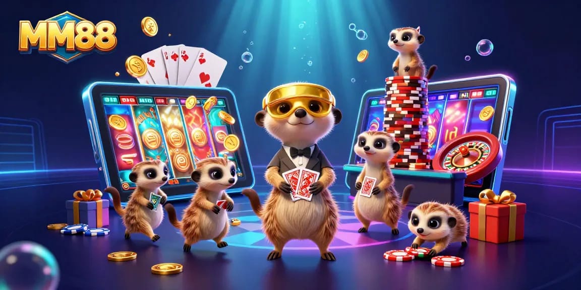 Experience MM88 with a dynamic meerkat casino scene featuring exciting games and vibrant action.