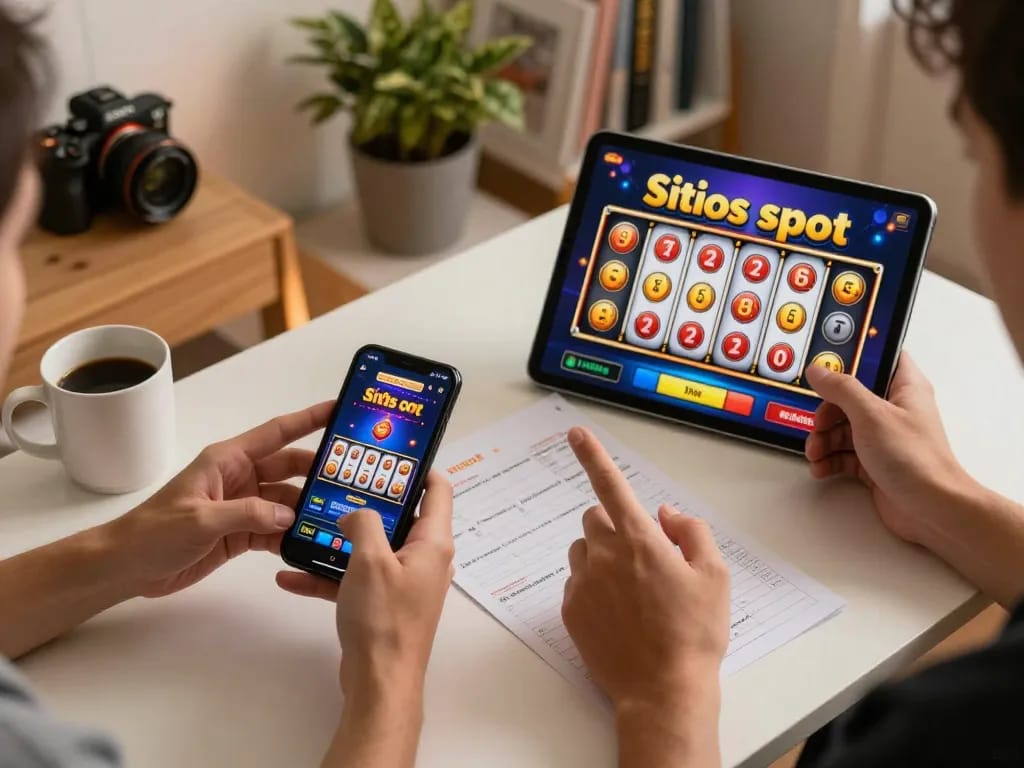Engaging in situs slot gameplay with smartphone and tablet in a cozy home setting, showcasing vibrant reels.