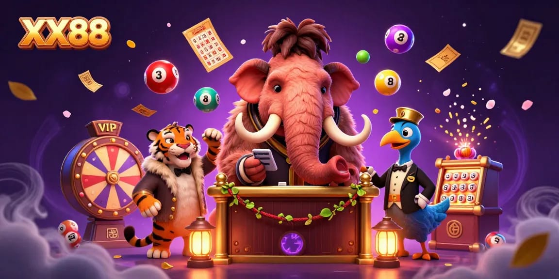 Engage with lottery fun at XX88 with a vibrant casino scene featuring colorful elements and playful characters.