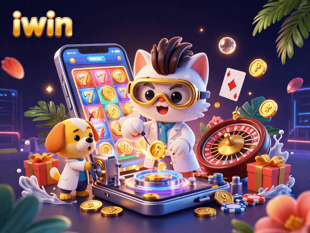 Engage with iwin's vibrant slot game action featuring a mad scientist cat and assistant in a lively casino lab.