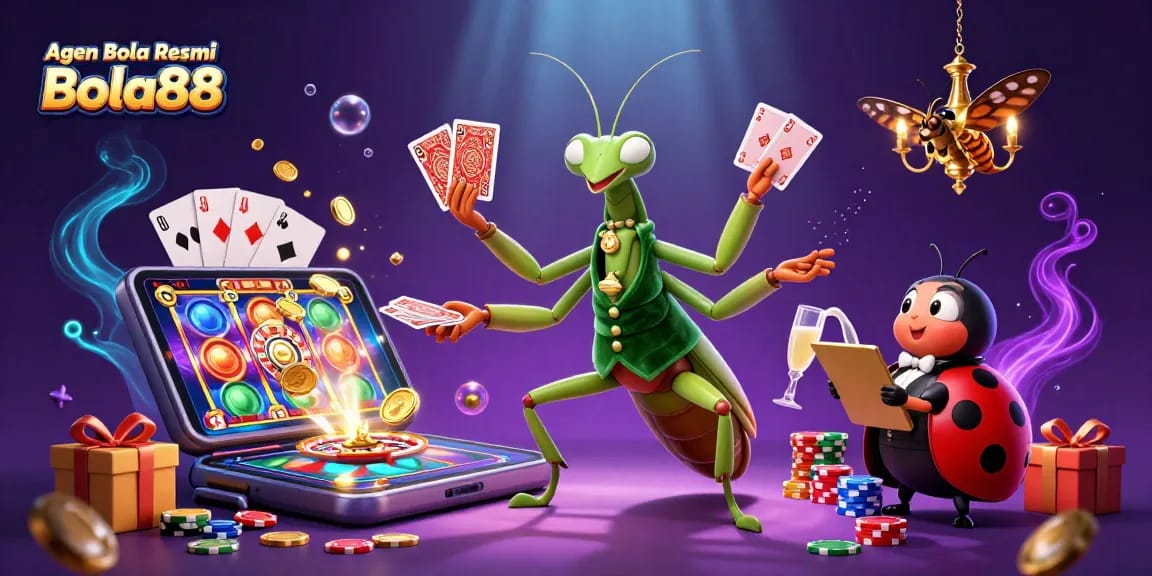 Agen Bola Resmi Bola88 showcases thrilling gameplay with vibrant characters and casino elements in a dynamic scene.