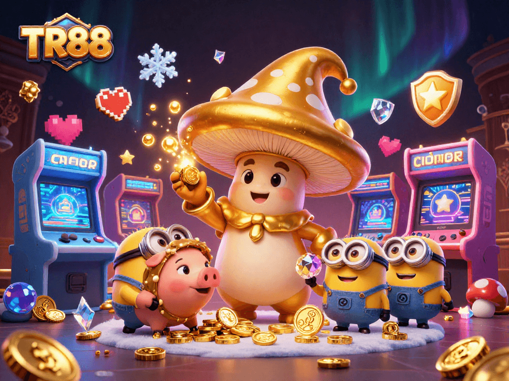 Experience TR88 with a golden mushroom wizard and treasure in this vibrant casino-themed scene.