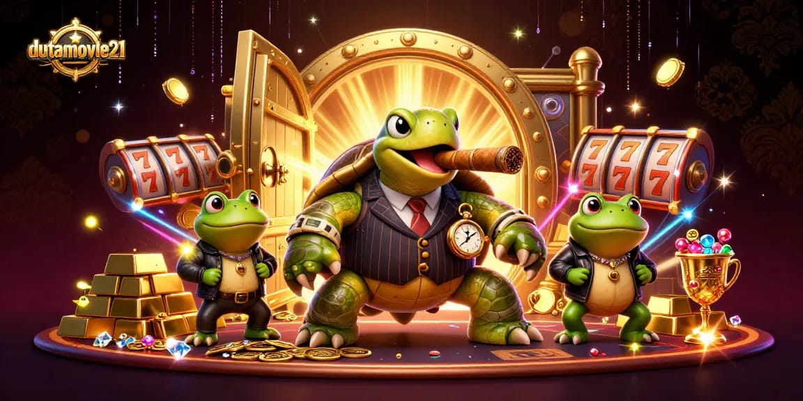 Dutamovie21 showcases a vibrant casino scene with a snapping turtle and bullfrog characters amidst slot reels and gold treasures.