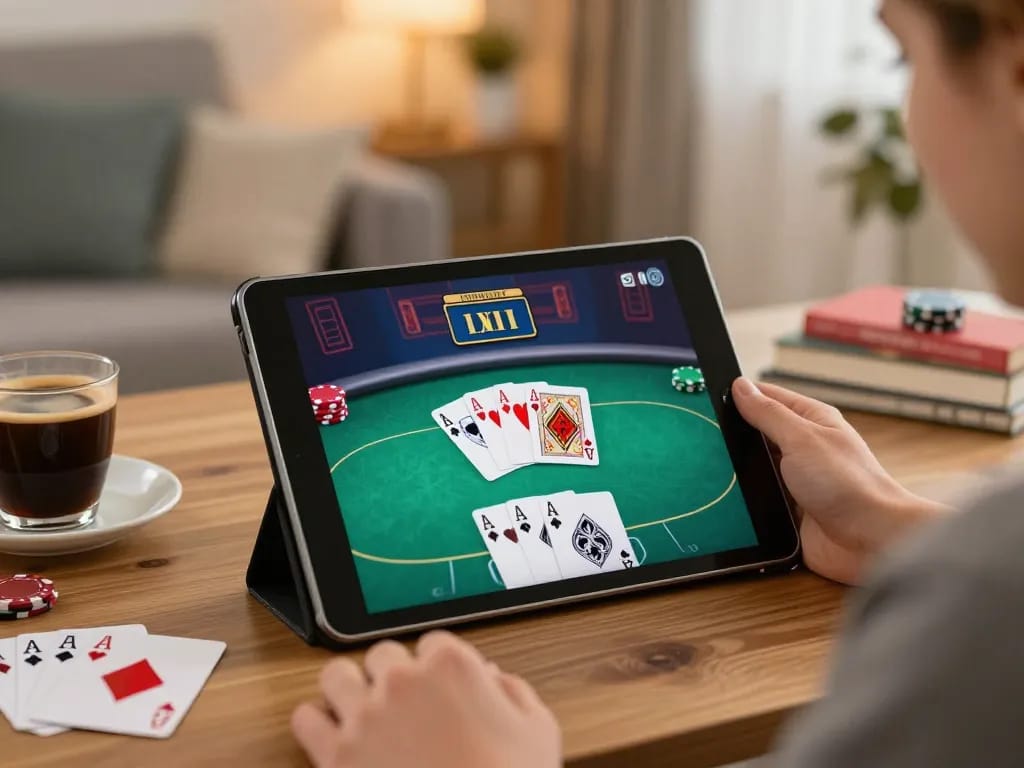 A player strategizing in an online poker game on w188, showcasing an engaging home setup with cards and notes.
