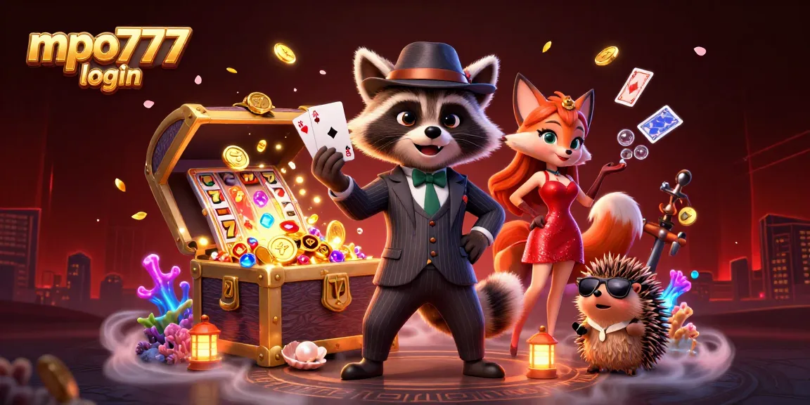 MPO777 login showcased in a vibrant 3D scene with a raccoon, fox, and hedgehog amid colorful slot games.