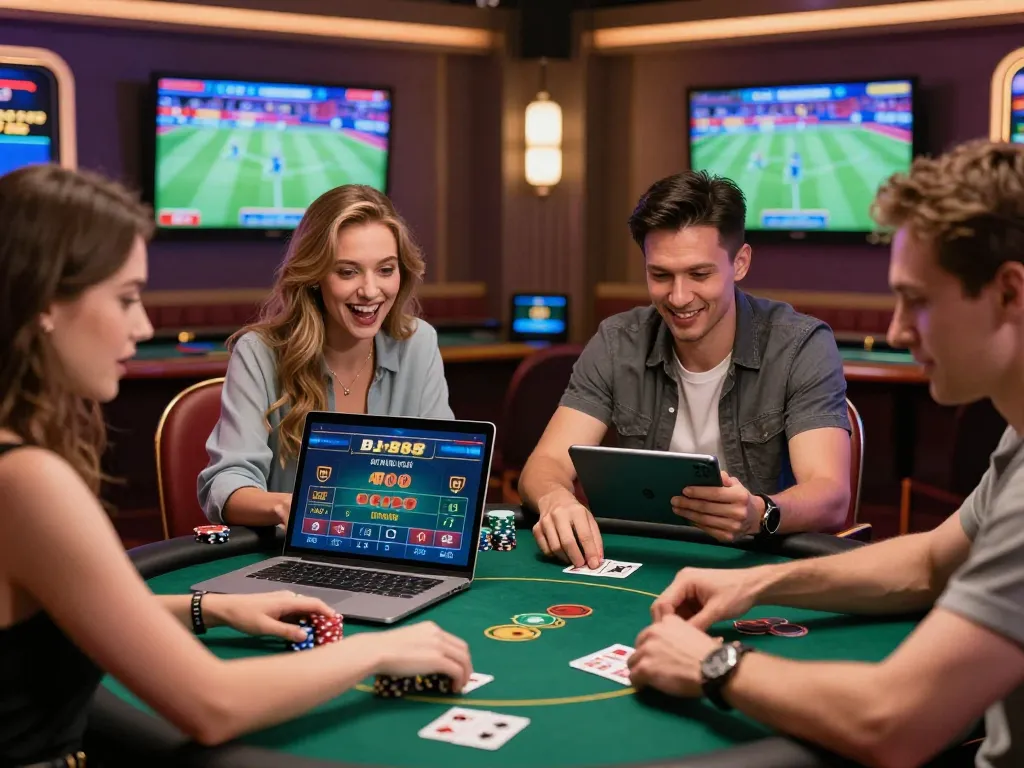 Engaged players enjoying diverse gaming experiences at BJ888 online casino, showcasing excitement in a vibrant casino atmosphere.
