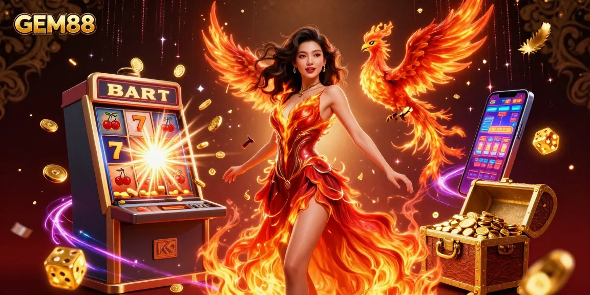 Immerse in the excitement of GEM88 with a vibrant online casino scene, featuring characters, jackpots, and magical elements.
