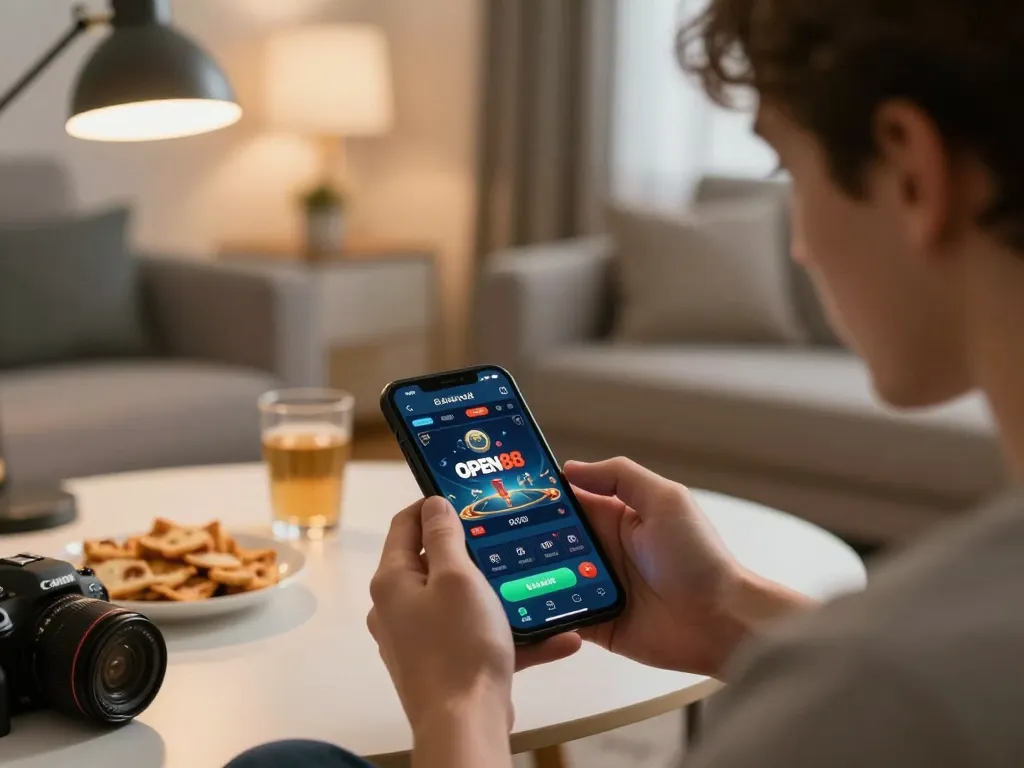 Engaging mobile gaming experience with open88 app in a cozy setting