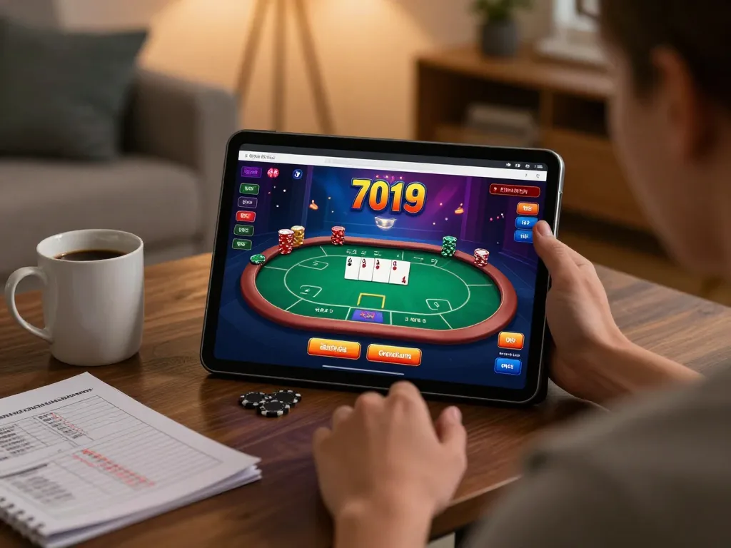 Engaging in Best Online Casinos That Pay Real Money with vibrant poker gameplay displayed on a tablet in a cozy home setting.