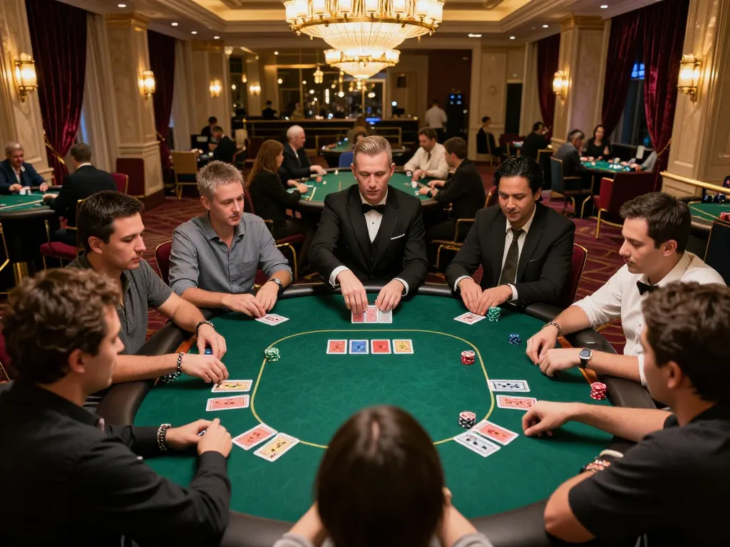 Engaged players at LV88 casino showing poker hands and chips during a thrilling game.